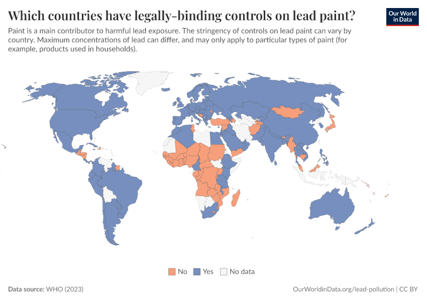 Which countries have legally-binding controls on lead paint?